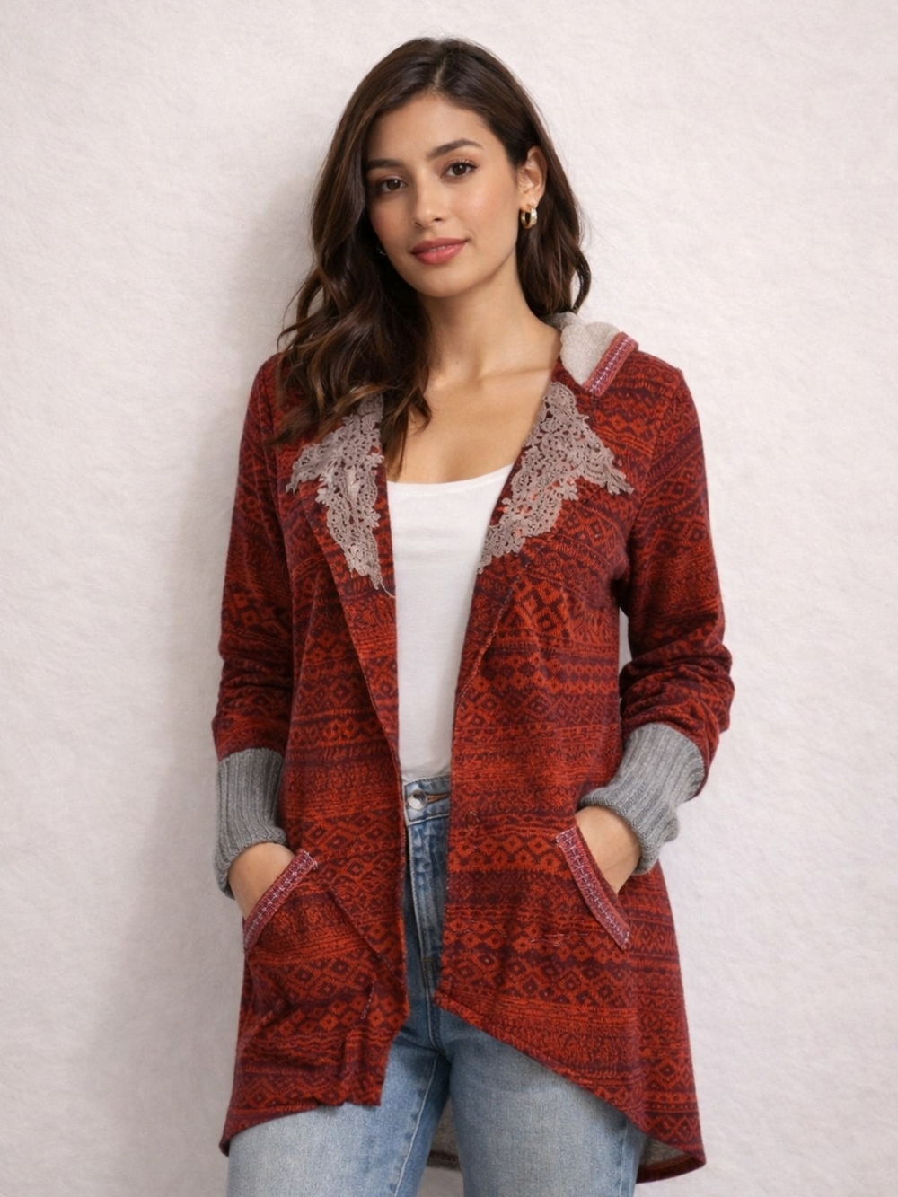 BKE Bohemian Burgundy and Gray Hooded Longline Embroidered Cardigan Duster
